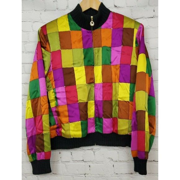 VTG 90s St John Silk Bomber Jacket Size M Block Multicolor Satin Wool Trim - Picture 1 of 9